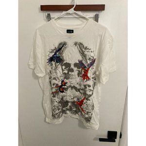 CD Urban Mens Skull and Parrot T-Shirt, Early 2000's,  White, Large